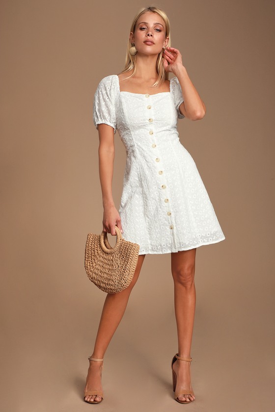 Cute White Mini Dress - Eyelet Lace ...